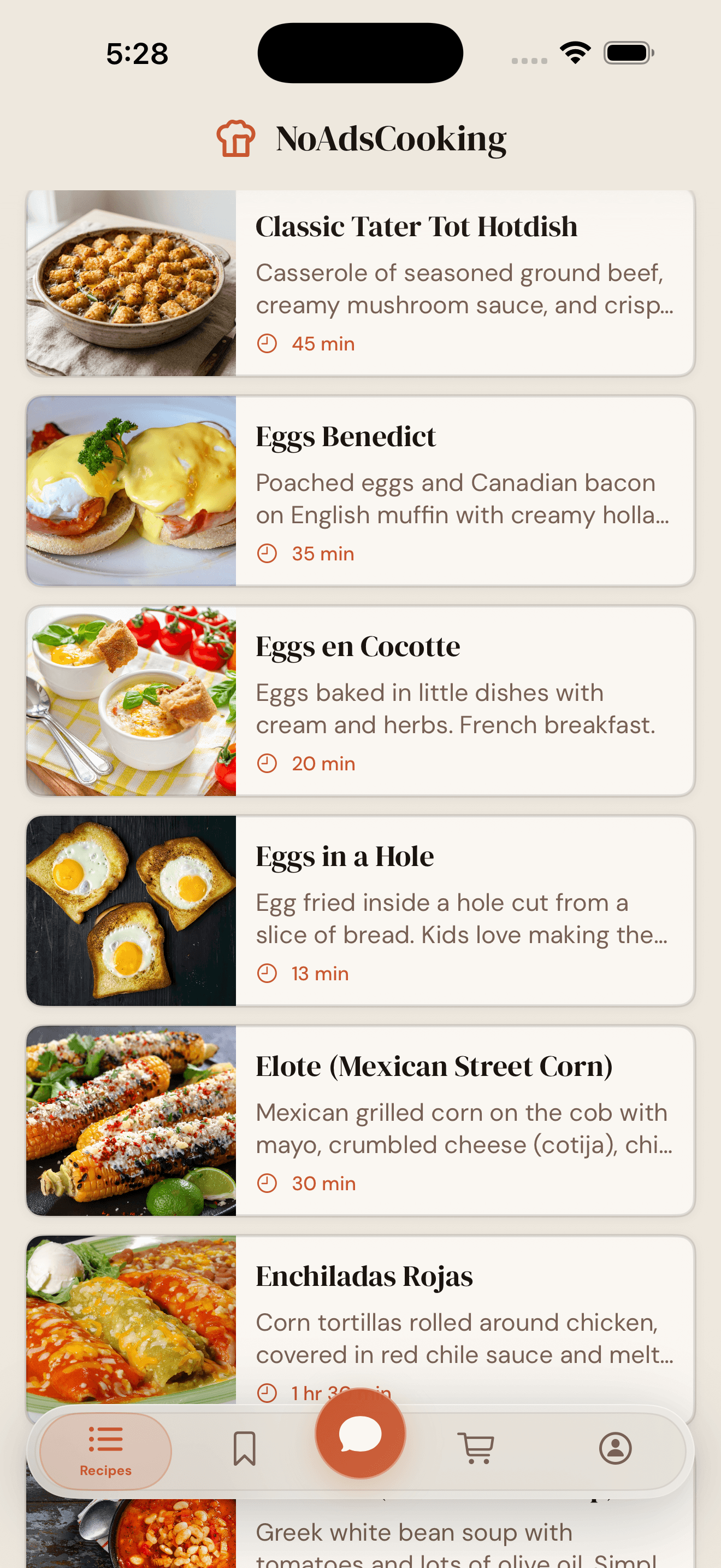 Recipe catalog list in the NoAdsCooking app