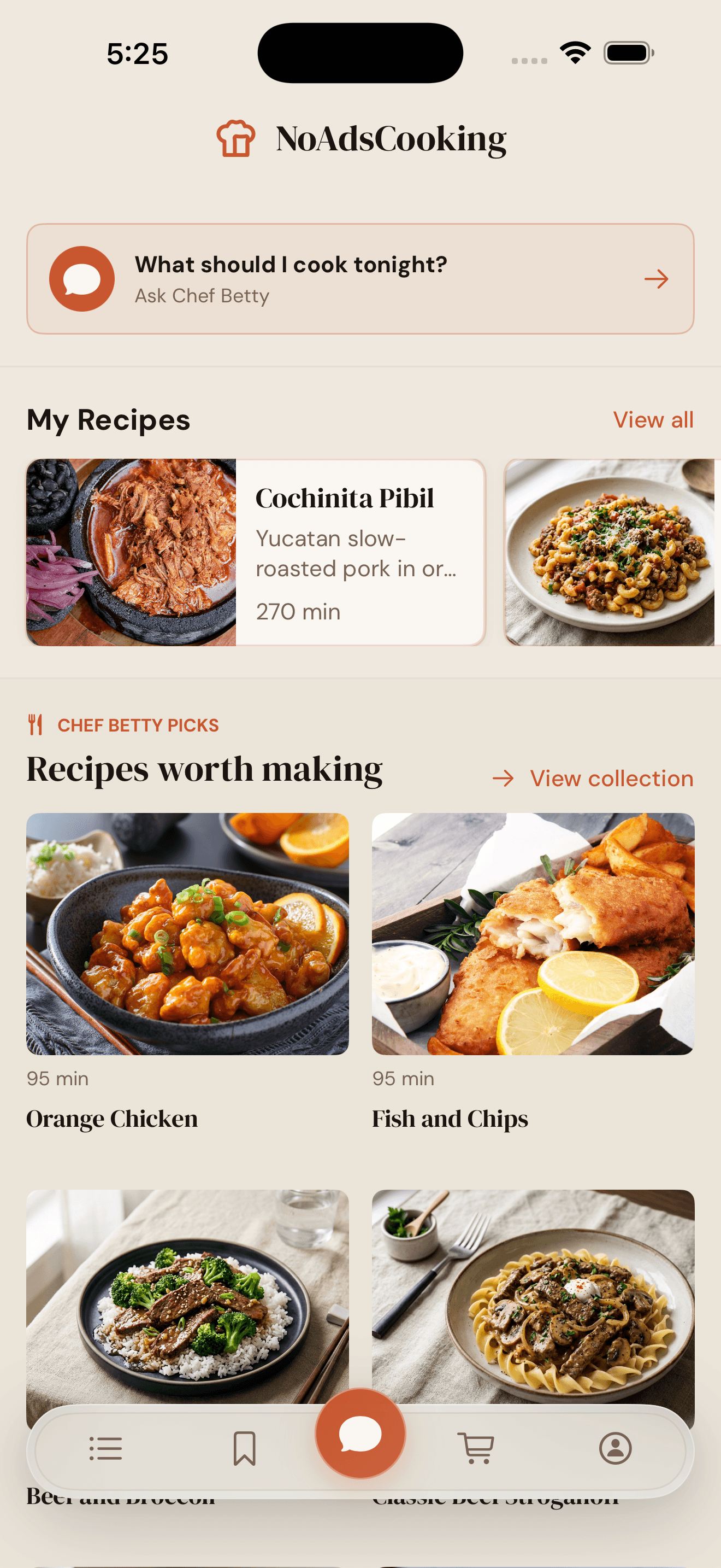 NoAdsCooking home screen with recipe picks and Chef Betty prompt