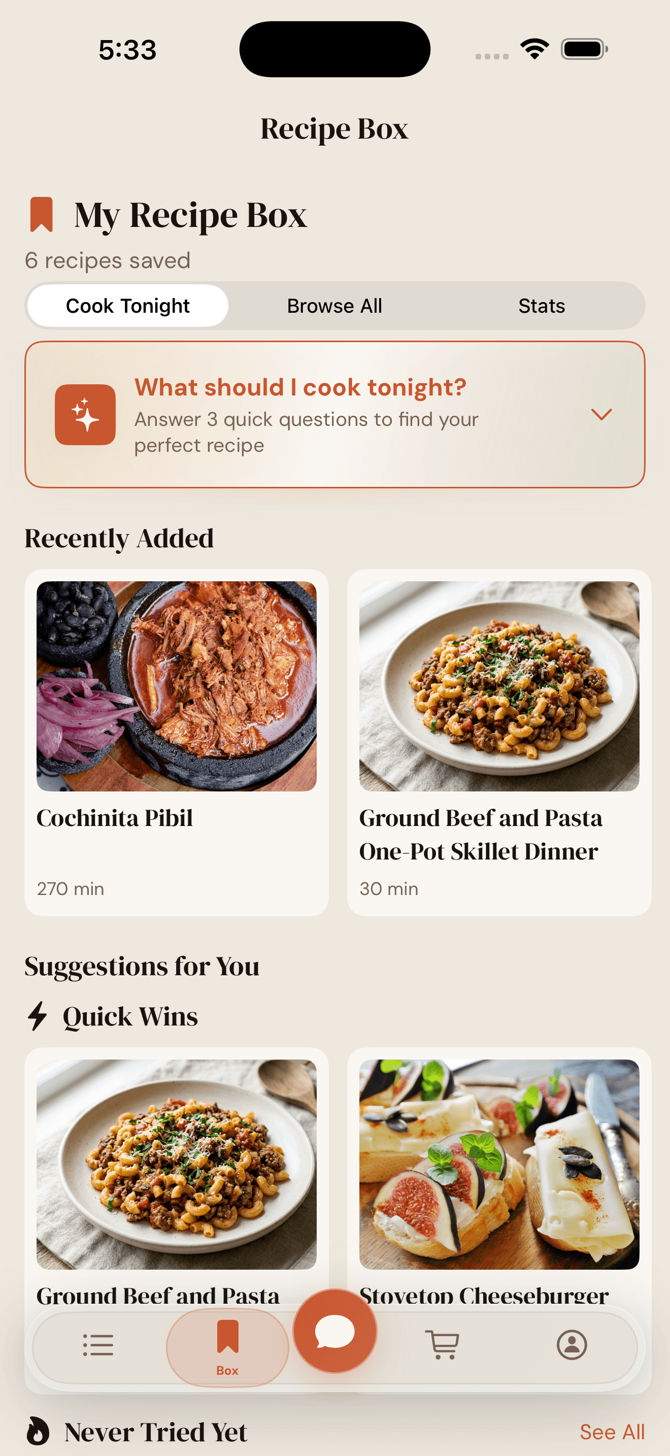 Recipe box with saved recipes