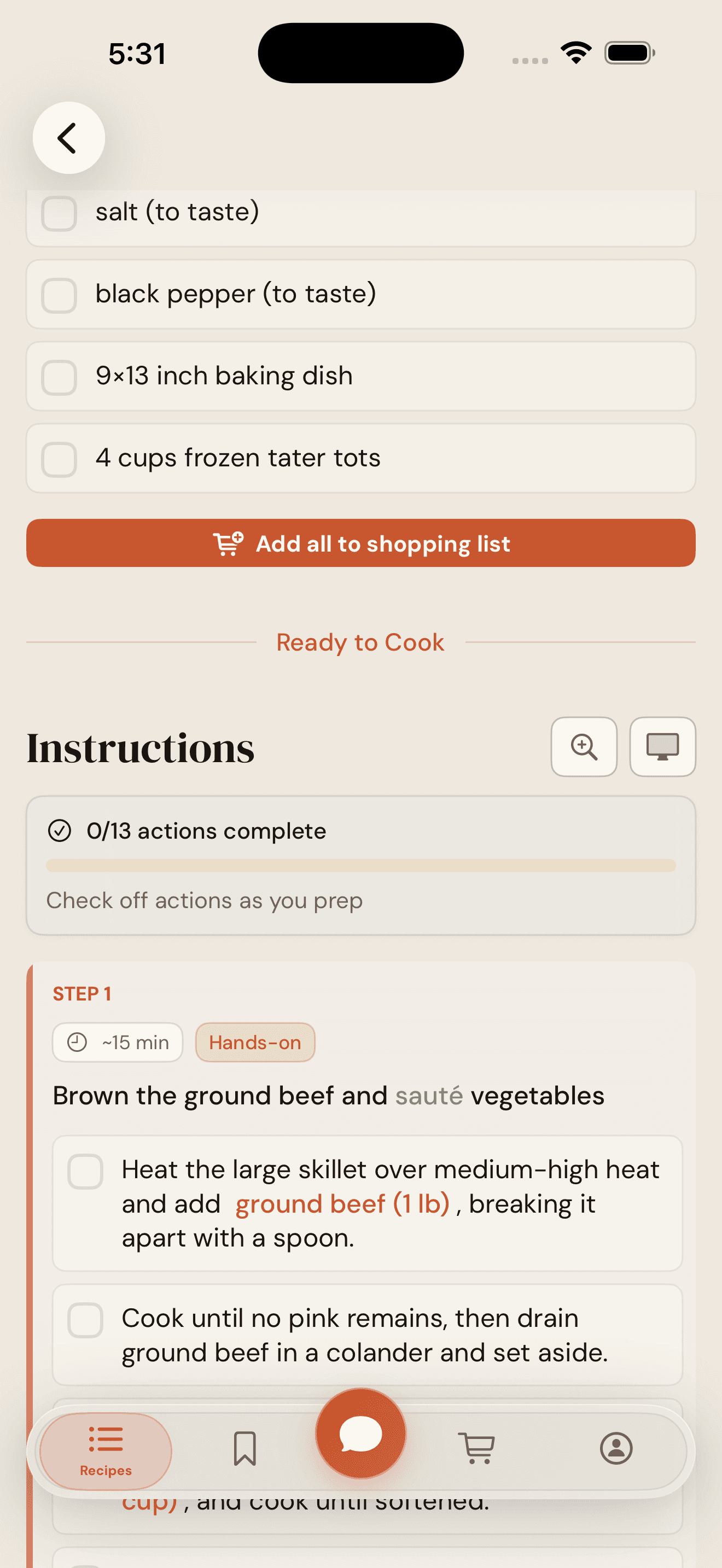 Recipe detail with ingredients and instructions