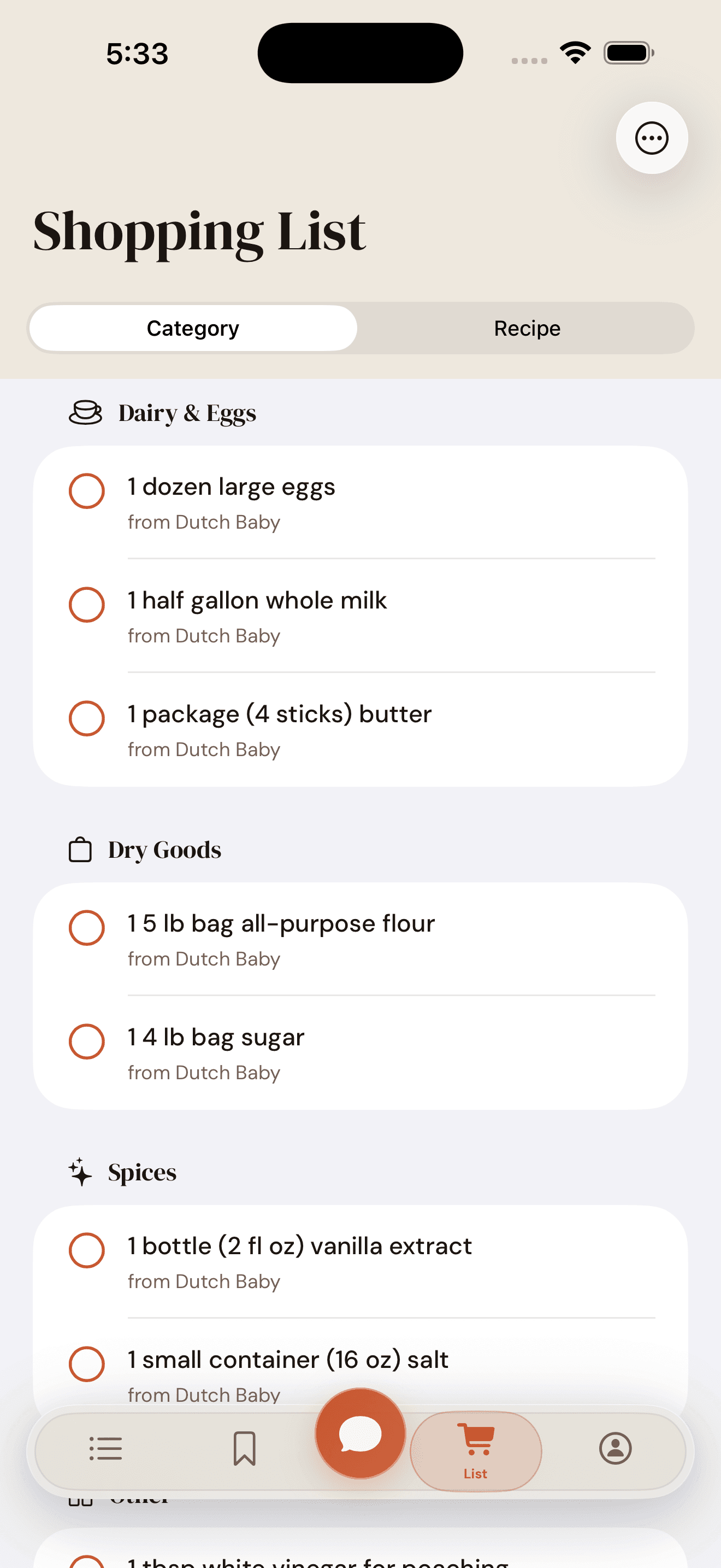 Shopping list grouped by store category