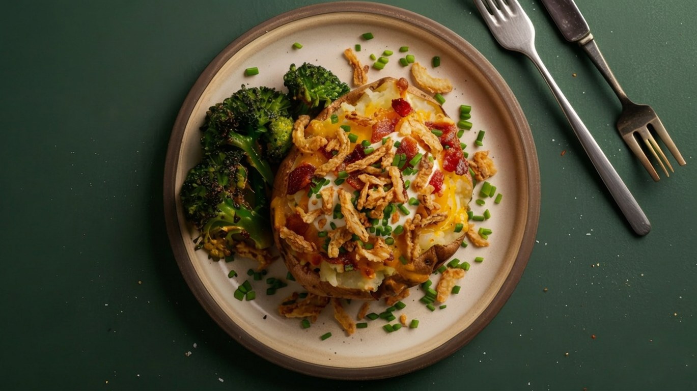 Loaded Baked Potato with Broccoli Cheddar, Scallions & Crispy Onions