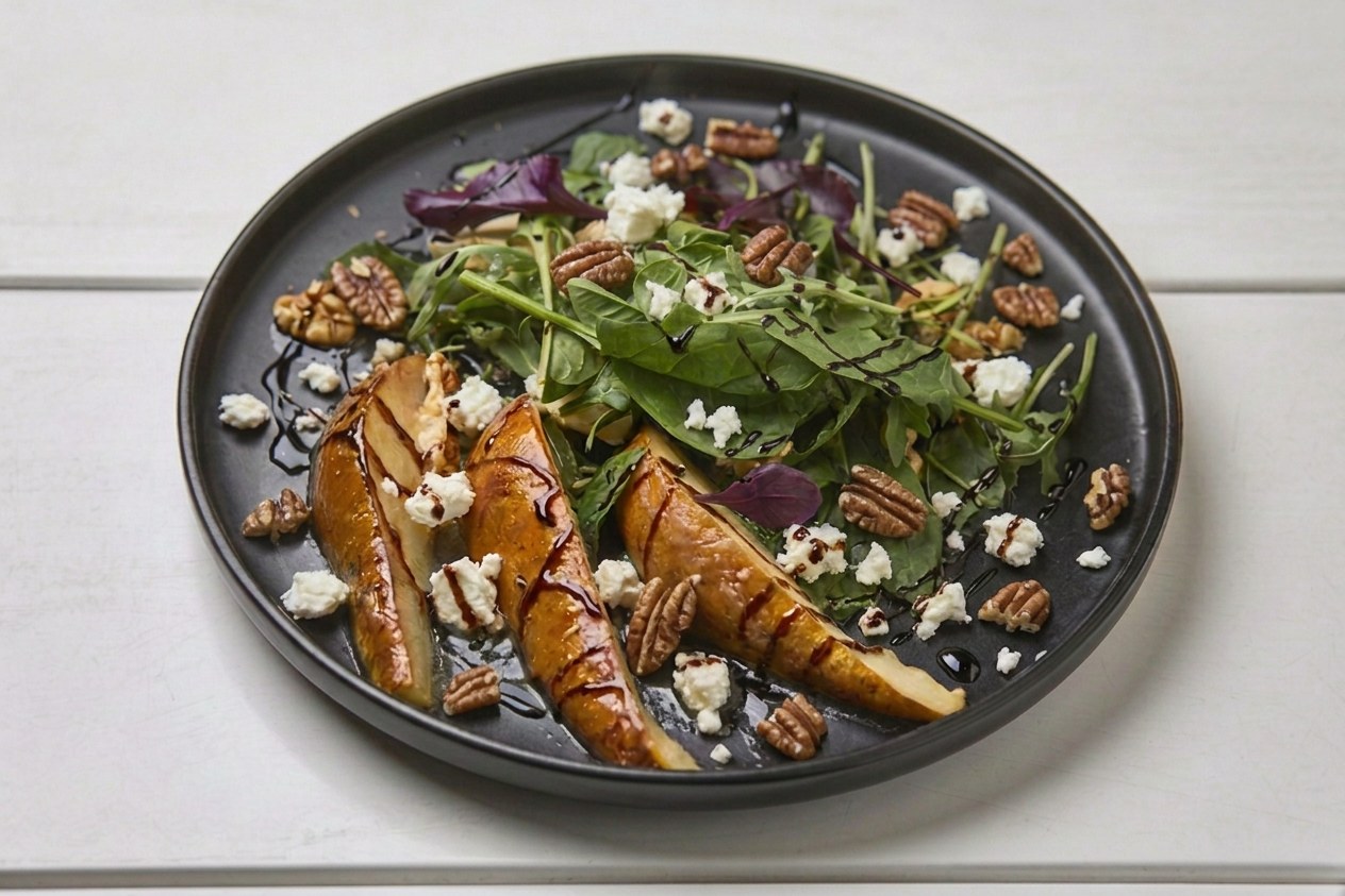 Sweet Balsamic Pear Salad with Goat Cheese, Candied Pecans & Arugula
