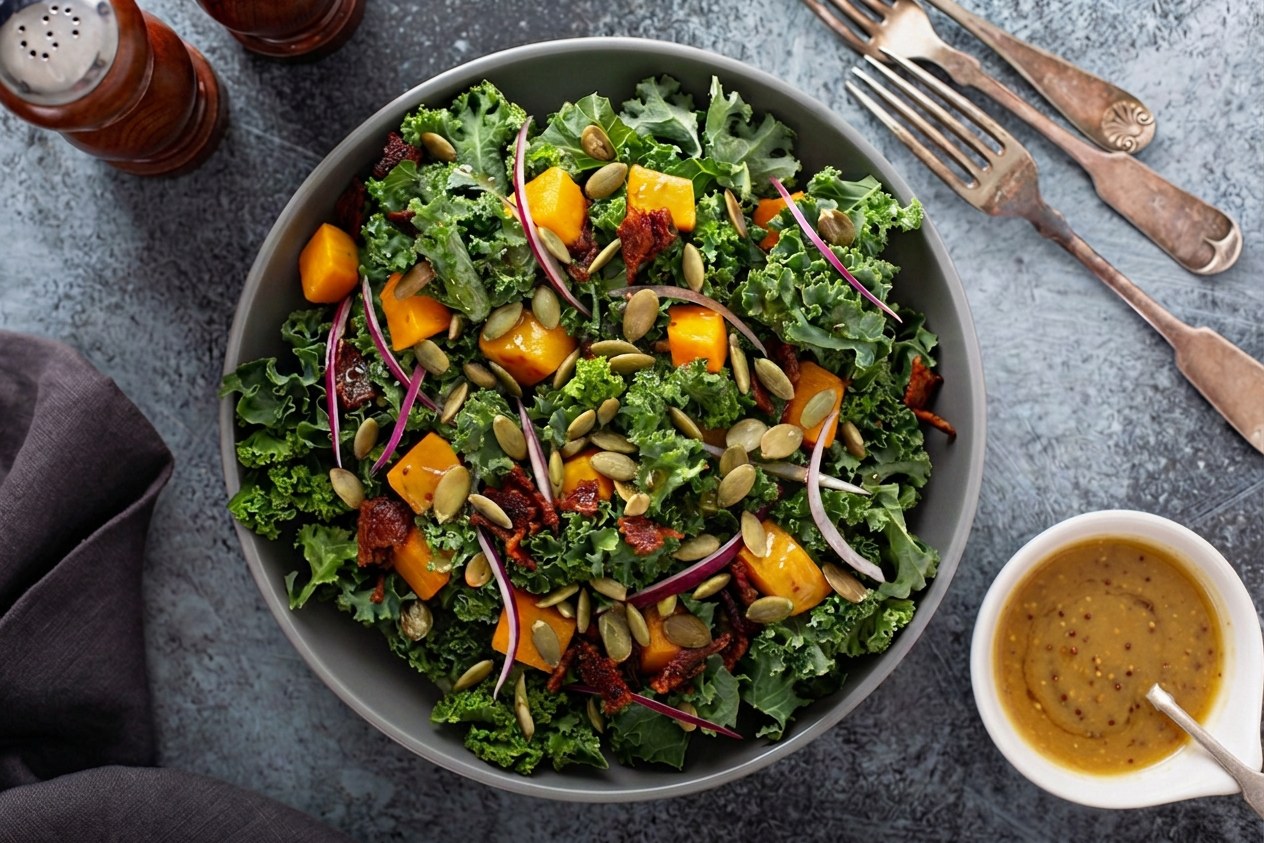 Roasted Squash, Kale & Apple Salad with Pepitas and Maple-Dijon Vinaigrette