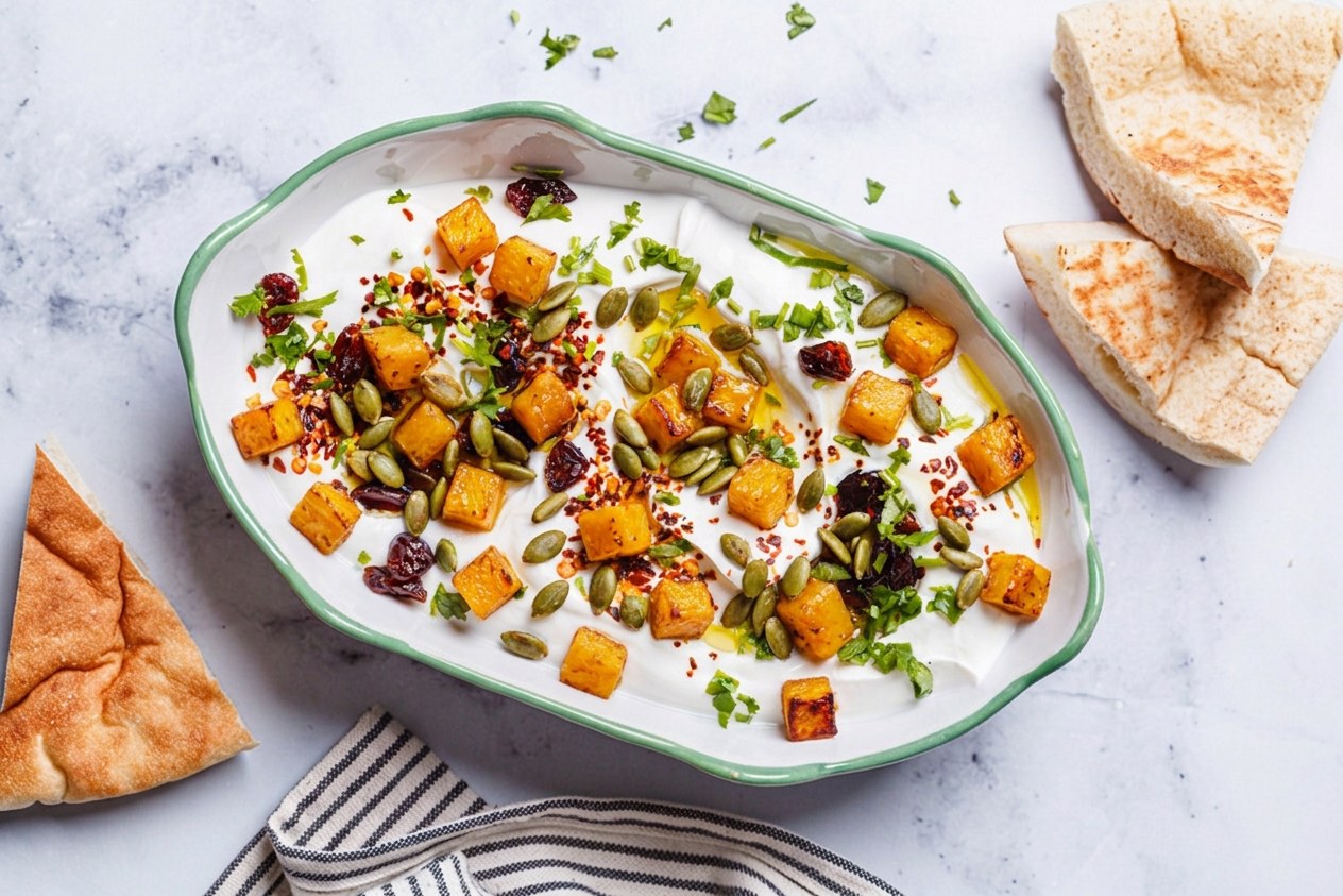 Whipped Feta with Roasted Butternut Squash, Pepitas & Hot Honey
