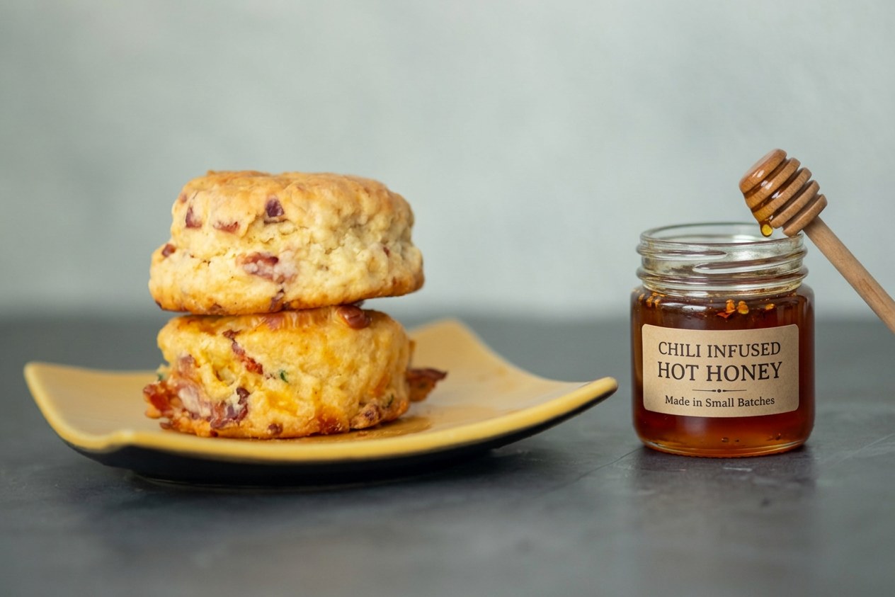Bacon-Cheddar Scallion Biscuits with Hot Honey