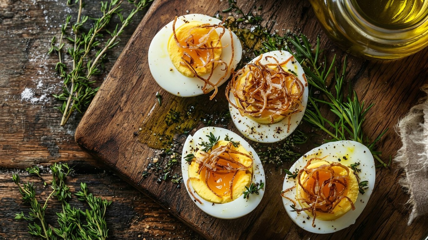 Deviled Eggs with Smoked Paprika & Crispy Shallots