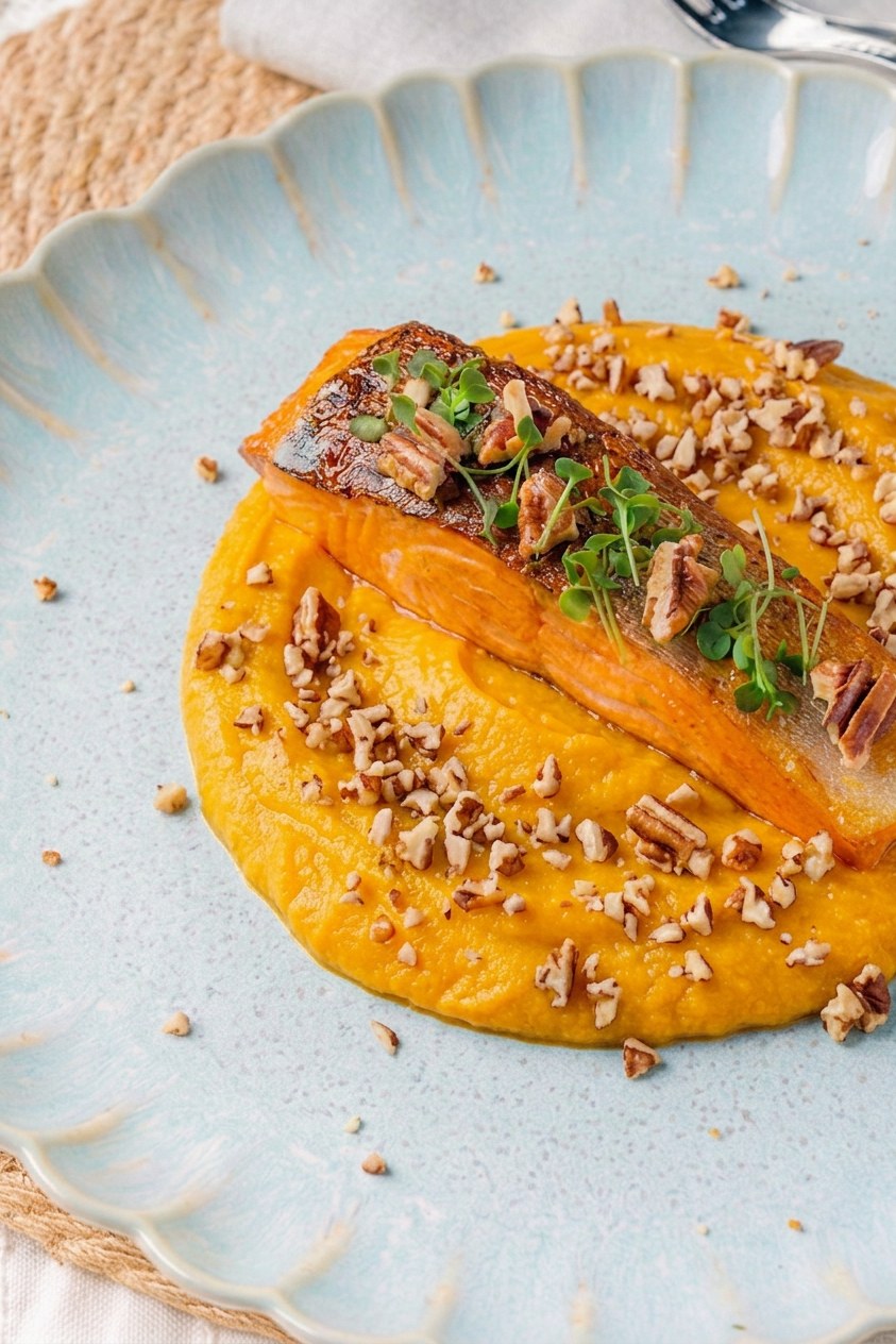 Maple-Dijon Glazed Salmon over Brown-Sugar Whipped Butternut Squash with Candied Pecans
