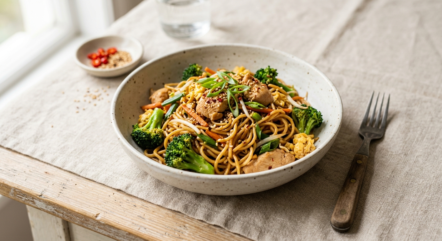 Egg Fried Noodles with Chicken and Broccoli