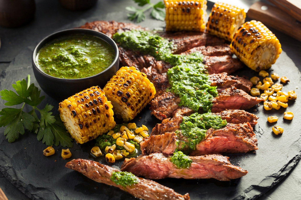 Grilled Flank Steak with Charred Sweet Corn Chimichurri