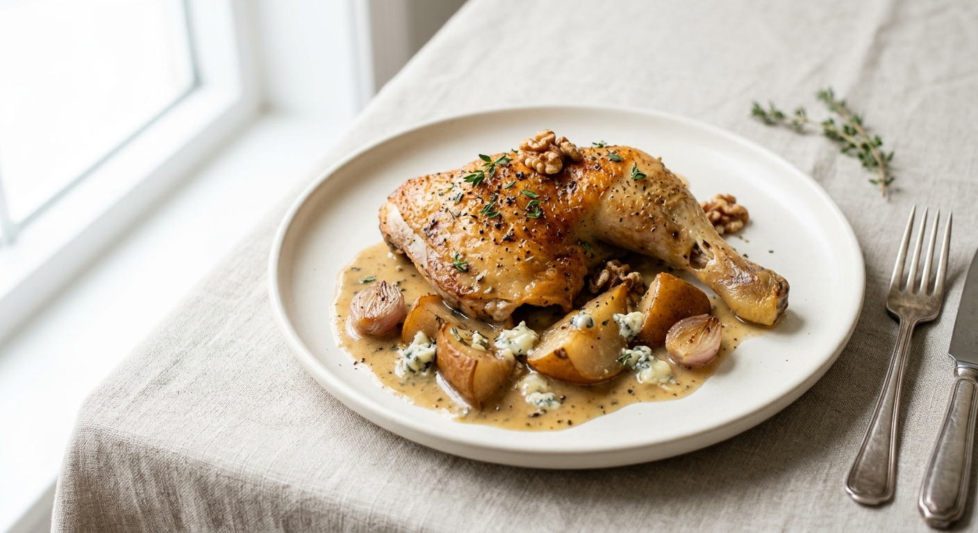 Pan-Roasted Chicken Quarters with Pear & Blue Cheese Pan Sauce