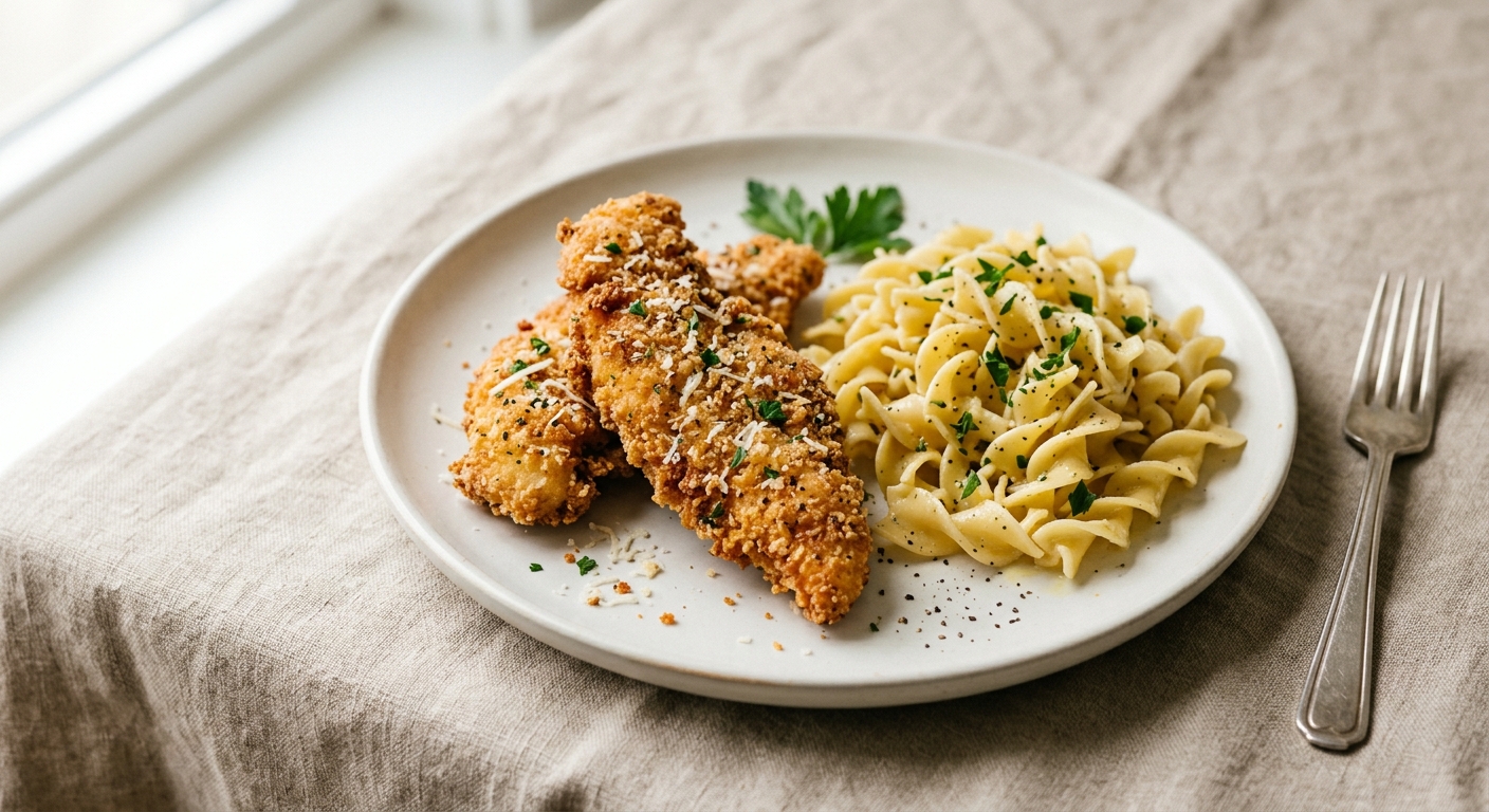 Parmesan Chicken Tenders with Buttered Noodles